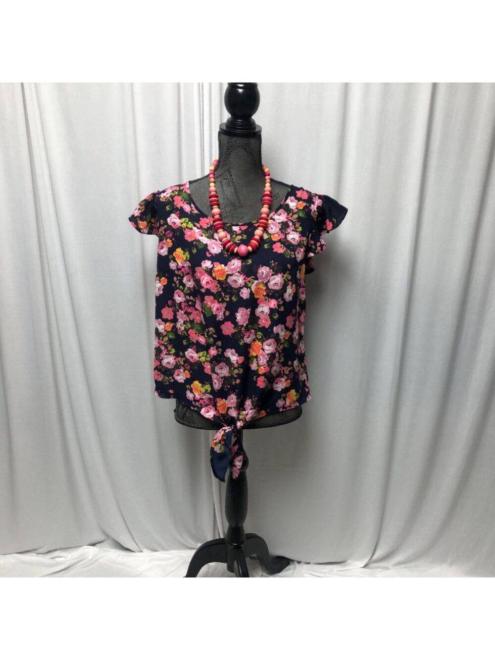Self Esteem Top Juniors XL Navy Pink Floral Ruffle Cap Sleeve Bottom Tie Shirt